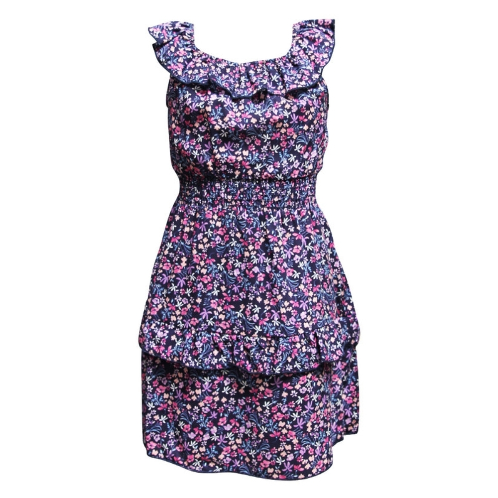 ava & yelly 100% Rayon, Girls Ruffle Neck Smocked Dress, 12, Floral Navy, NWT